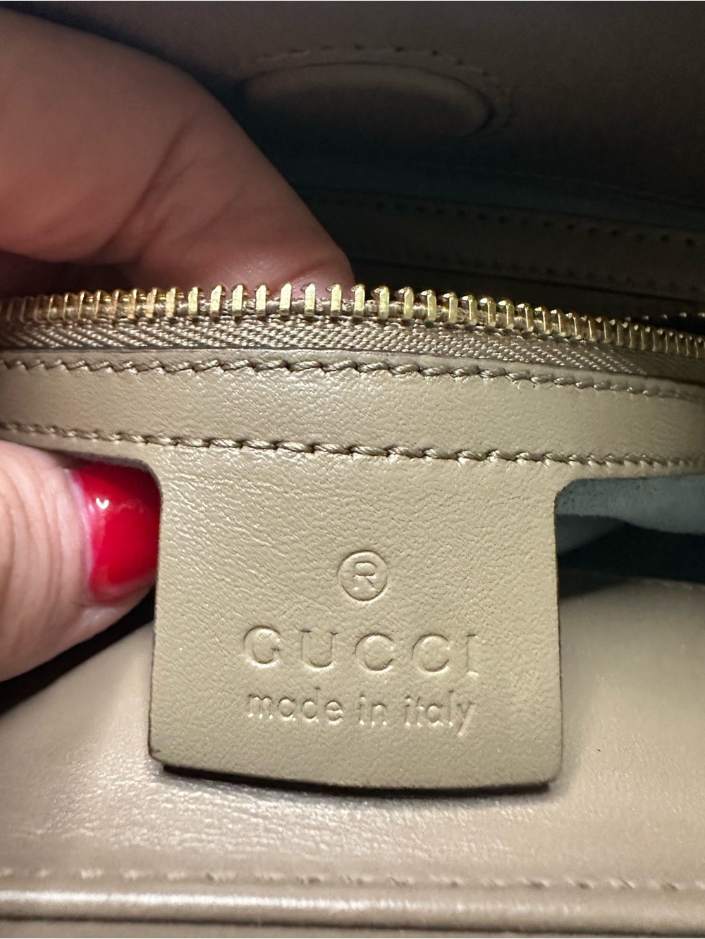 Gucci Taupe Leather Bamboo-Handle Satchel with Navy & Red Strap - Picture 11 of 16